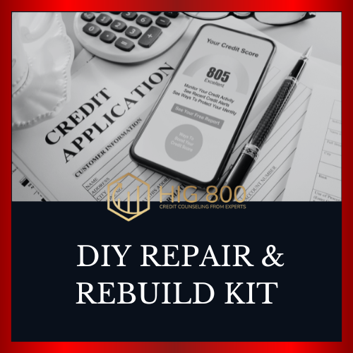 A thumbnail for a product. A photo of a credit application and a credit report depicting an 805 credit score. The HIG 800 logo and text DIY Repair and Rebuild Kit which is the name of the product.